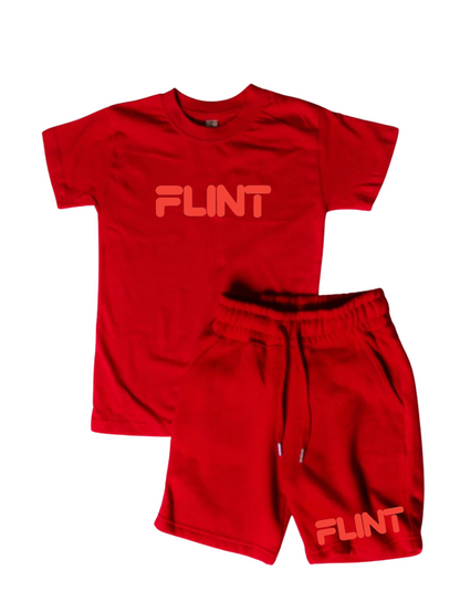 Kids Flint Short Set with red print.