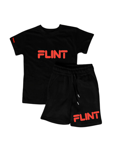 Kids Flint Short Set with red print.