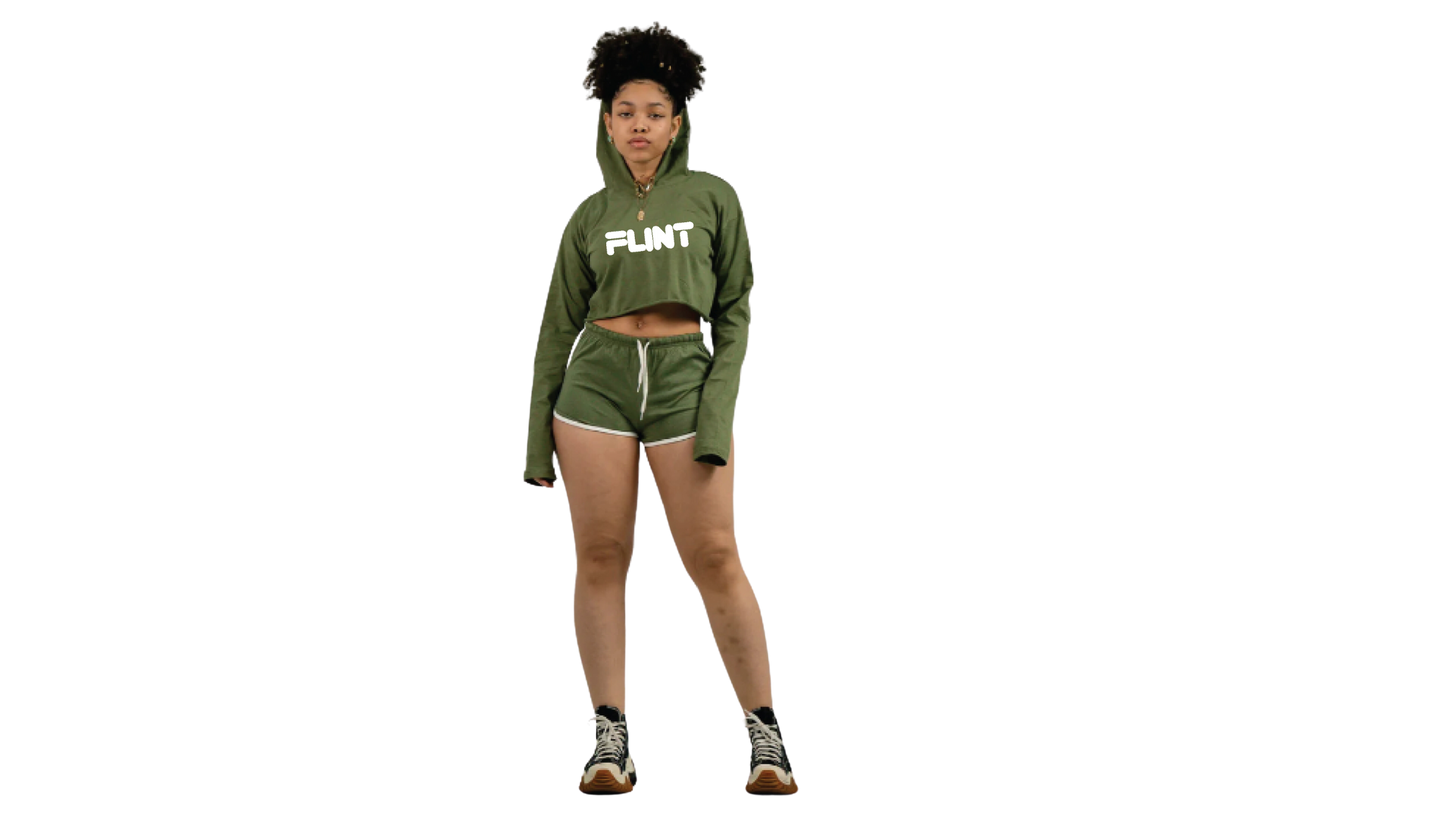 Ladie Olive Green Flint Crop Top Short Set